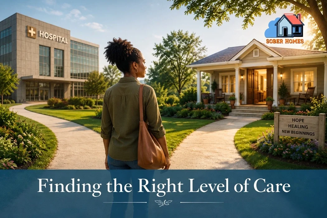 Woman standing at a crossroads choosing between hospital and sober living home - Sober Homes uses ASAM Criteria for the right level of care.