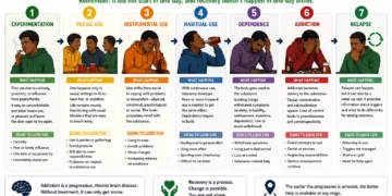 Infographic showing the seven stages of addiction: experimentation, social use, instrumental use, habitual use, dependence, addiction, and relapse.